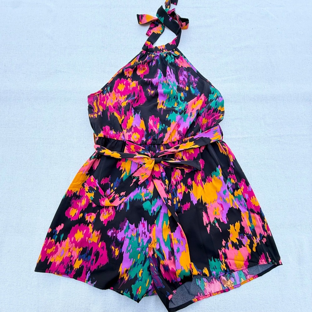 SHEIN CURVE 0XL Halter Romper Abstract Brushstroke Print Multi Color Plus Size